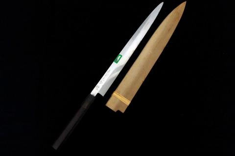 柳刃包丁 尺一 本焼 純日本鋼 鏡面 白水牛黒檀八角柄 白鞘・箱付