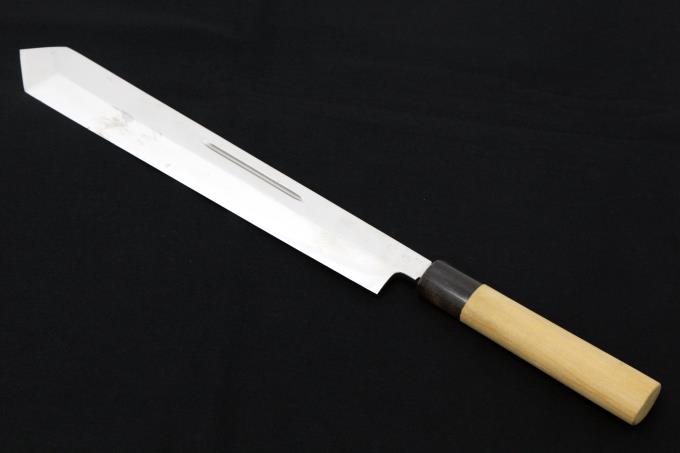 特注 式包丁 庖丁式用 一尺半 本焼 鏡面 両刃 水牛朴栗型柄 箱付 