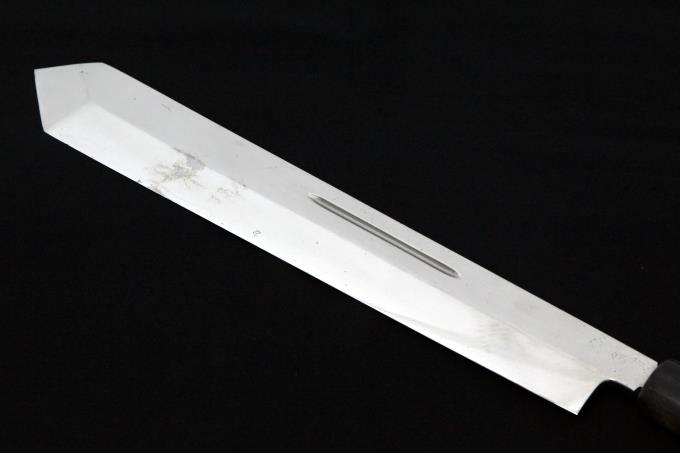 特注 式包丁 庖丁式用 一尺半 本焼 鏡面 両刃 水牛朴栗型柄 箱付 