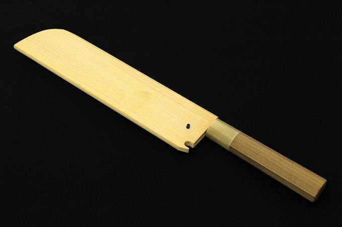 鎌型薄刃包丁 八寸半 水焼 本焼 両面富士刃紋 平鏡面 水牛朴八角柄