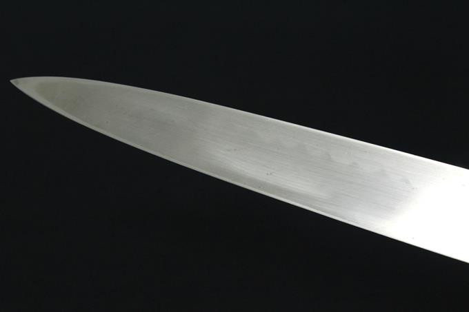 柳刃包丁 尺一 水焼 本焼 両面富士刃紋 平鏡面 変わり水牛紫檀八角柄