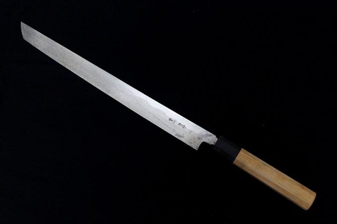 丸越産業 先丸蛸引包丁 尺一 霞 青一鋼 紋鍛錬 水牛朴八角柄 λA1883