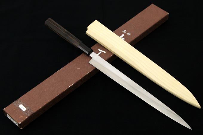 河豚引包丁 尺 粉鉄 本焼 鏡面 水牛黒檀八角柄 白鞘 箱付 O077 康之 包丁 アキバ流通