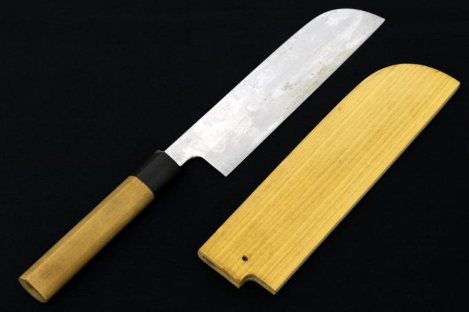 鎌型薄刃包丁 七寸 INOX鋼 ステンレス 本焼 水牛朴栗型柄 白鞘付