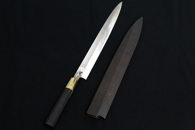 柳刃包丁 尺 本焼 変わり水牛黒檀八角柄 鞘付 O722-2L3B | 無銘 | 包丁