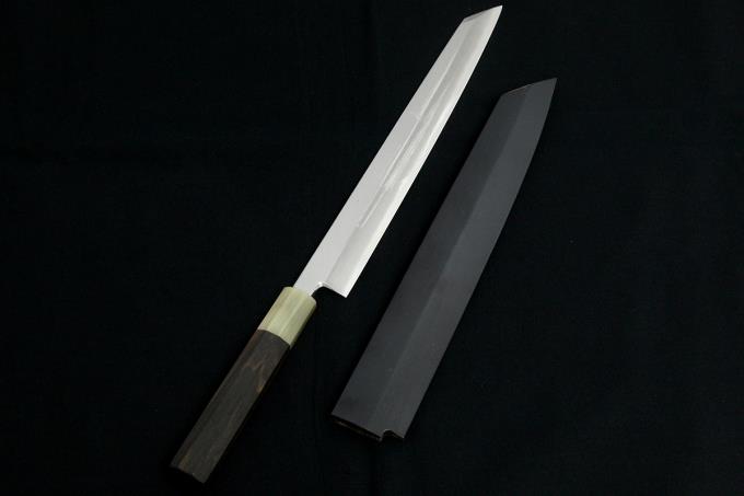 山脇刃物 切付柳刃包丁 九寸 278mm 霞 銀三鋼 水牛黒檀八角柄 黒塗鞘付