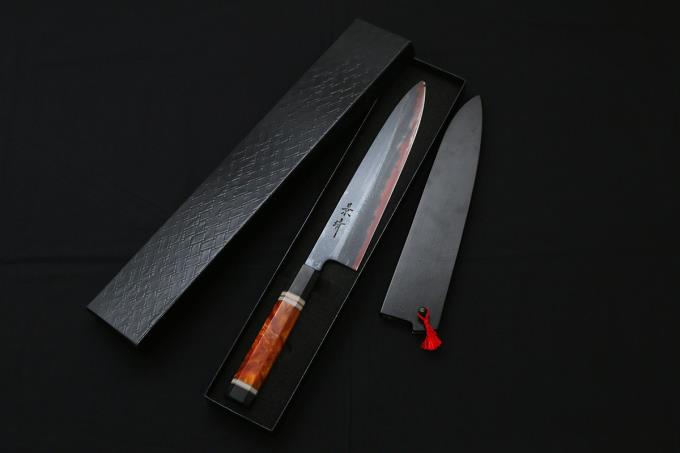馬場刃物 和牛刀 洋包丁 240mm 黒染 青一鋼 ダマスカス 両刃 カスタム