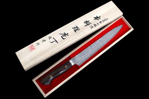特注]文堺一文字光秀白ー霞 切付片刃牛刀 黒檀柄 【210mm】 丸
