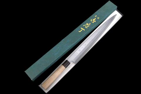 特製正鋼 源昭忠 柳刃包丁 あつらえ 鋼製 木製ハンドル 鞘付き
