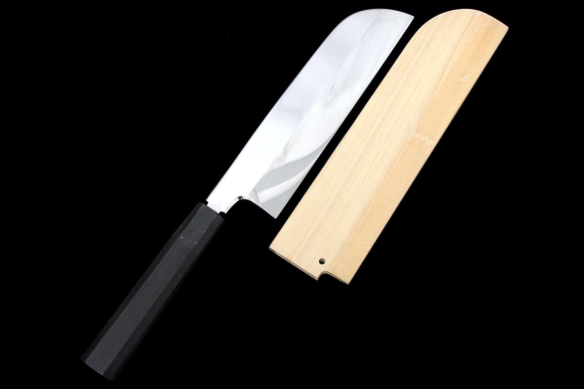 鎌型薄刃包丁 本焼 七寸半 鏡面 黒檀八角柄 白鞘付 KN02-A10292-2L3B 
