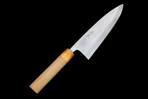 丸寅 出刃包丁 四寸半 (実寸：刃渡り141mm) 霞 PC口輪 朴栗型柄 箱付