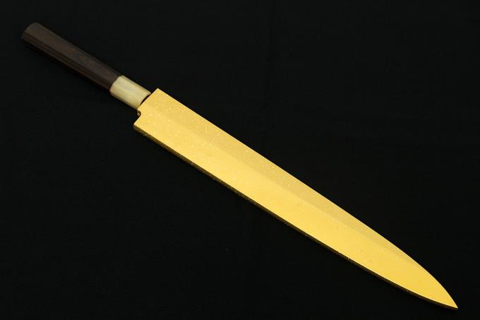 柳刃包丁 尺一 本焼 刃先鏡面 水牛黒檀八角柄 塗り鞘・箱付 【O170