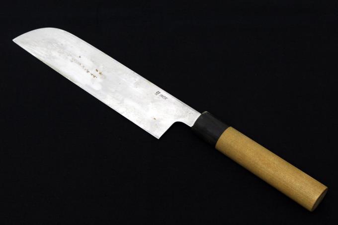 鎌型薄刃包丁 七寸 INOX鋼 ステンレス 本焼 水牛朴栗型柄 白鞘付