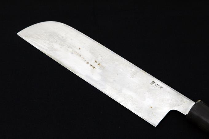 鎌型薄刃包丁 七寸 INOX鋼 ステンレス 本焼 水牛朴栗型柄 白鞘付