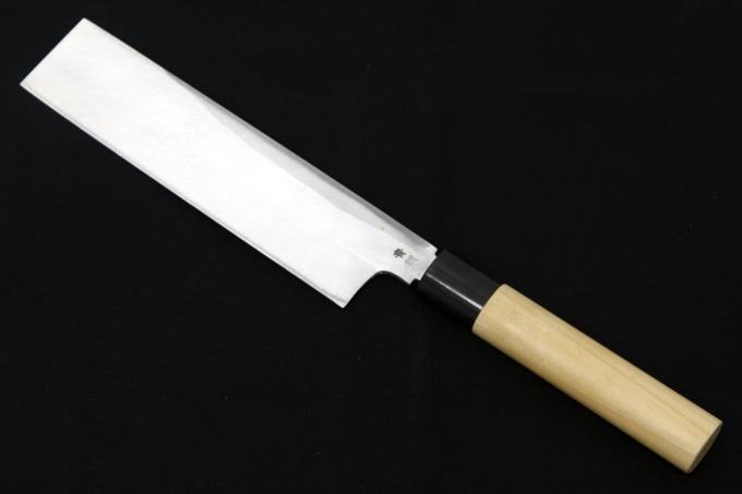 丸秀 薄刃包丁 六寸半 (実寸：刃渡り200mm) 霞 青鋼 水牛朴栗型柄 白鞘