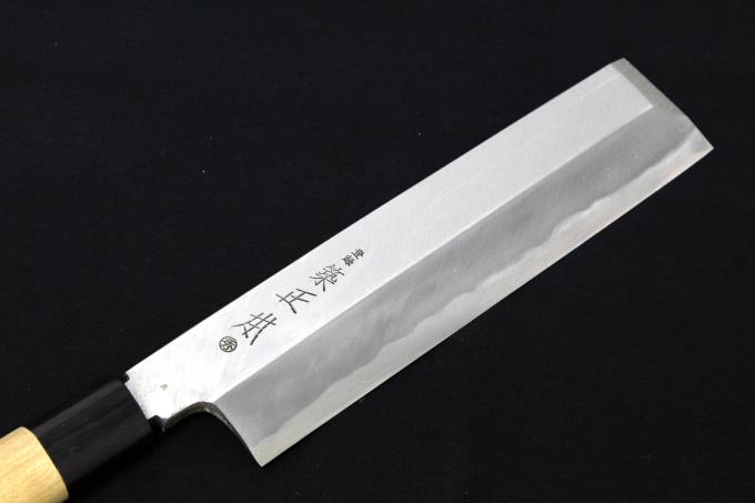 丸秀 薄刃包丁 六寸半 (実寸：刃渡り200mm) 霞 青鋼 水牛朴栗型柄 白鞘