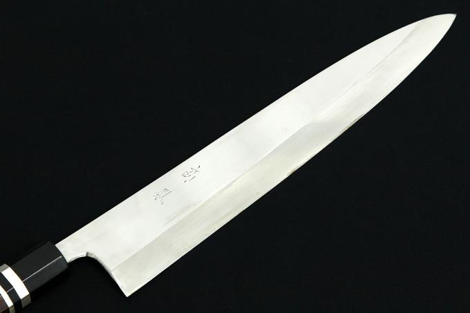 身卸出刃包丁 一尺半 315mm 本焼 平鏡面 上下水牛 銀巻黒檀八角柄 目釘 