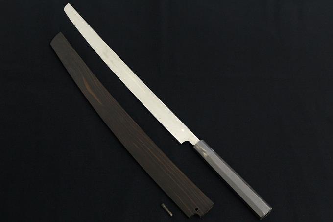 先丸蛸引包丁 尺三 395mm 青本焼 青鋼 平鏡面 水牛黒檀八角柄 黒檀鞘付