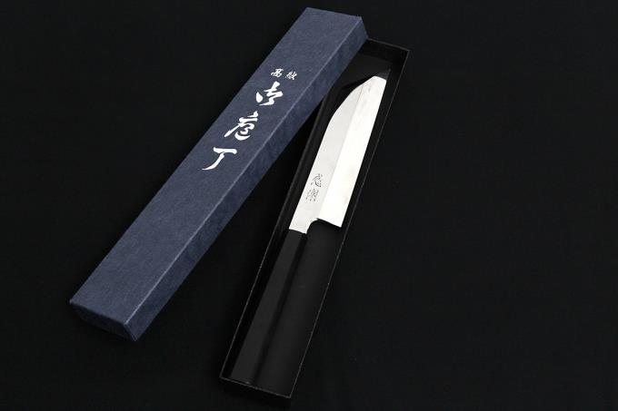 むきもの包丁 六寸 183mm V金10号 本焼 鏡面 「感謝」銘切 水牛黒檀