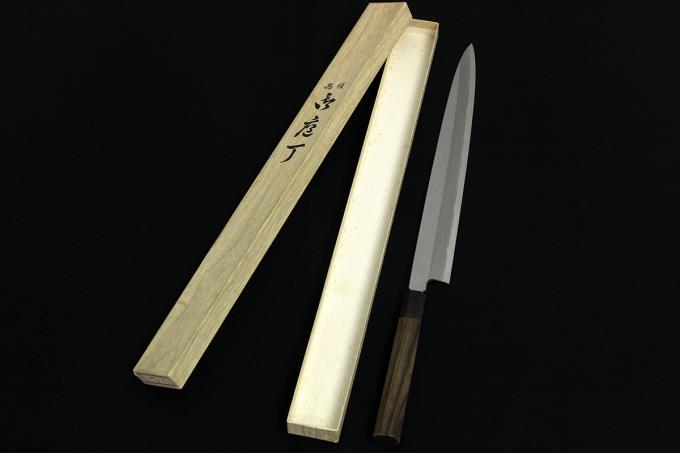 柳刃包丁　墨流し　青鋼　別誂 柳刃包丁 尺一 339mm 青鋼 切刃墨流し 水牛黒檀八角柄 箱付 O569