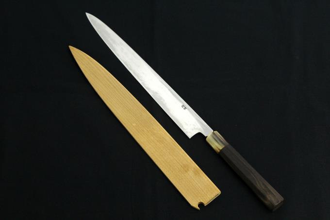 山脇刃物 柳刃包丁 尺一 霞 純鋼 平鏡面 水牛黒檀八角柄 白鞘付 O840