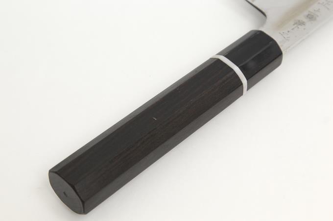鎌型薄刃包丁 八寸 本焼 鏡面 水牛白輪黒檀八角柄 白鞘付 名入