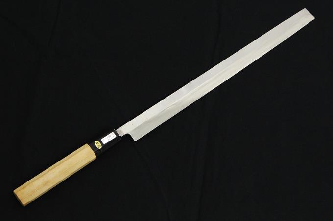 タコ引き　水本焼 先丸蛸引 白二水本焼 月富士 鏡面 黒檀水牛柄 270mm – MUSASHI