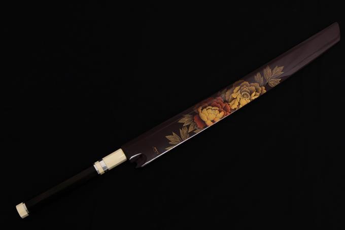 白木作　本焼　蛸引 先丸　包丁　鏡面　尺　緑檀両端人工象牙銀巻 先丸 蛸引 包丁 白鷺 銀三鋼 黒檀八角銅巻水牛口輪 尺