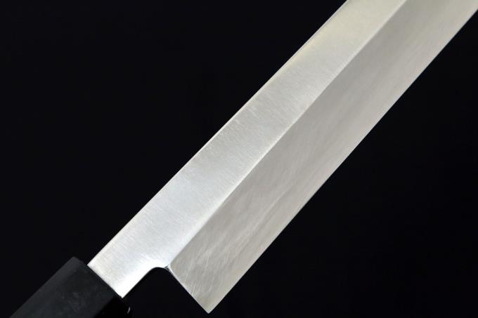 柳刃包丁 一尺半 本焼 V金10号 両鏡面 水牛銀巻金二巻八角柄 白鞘付