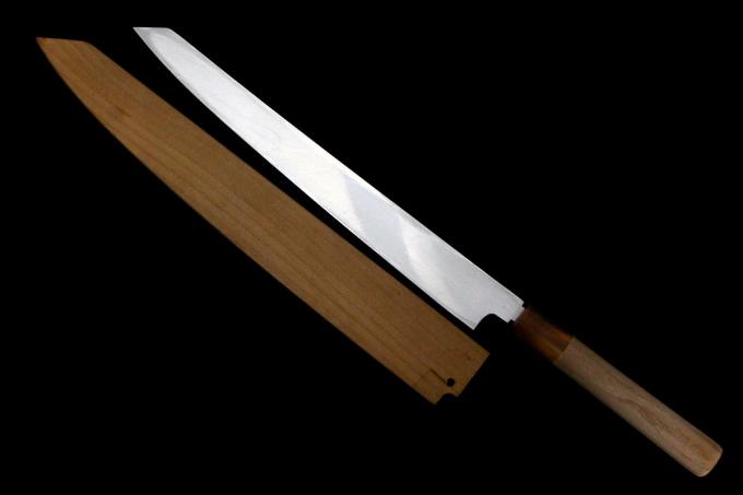 V金10号　本焼　出刃　包丁　和包丁　黒檀　八角柄　鏡面 勘所 切付 V金10号 210mm 全鋼本焼 黒檀柄 鞘付き-歌舞伎ナイフ